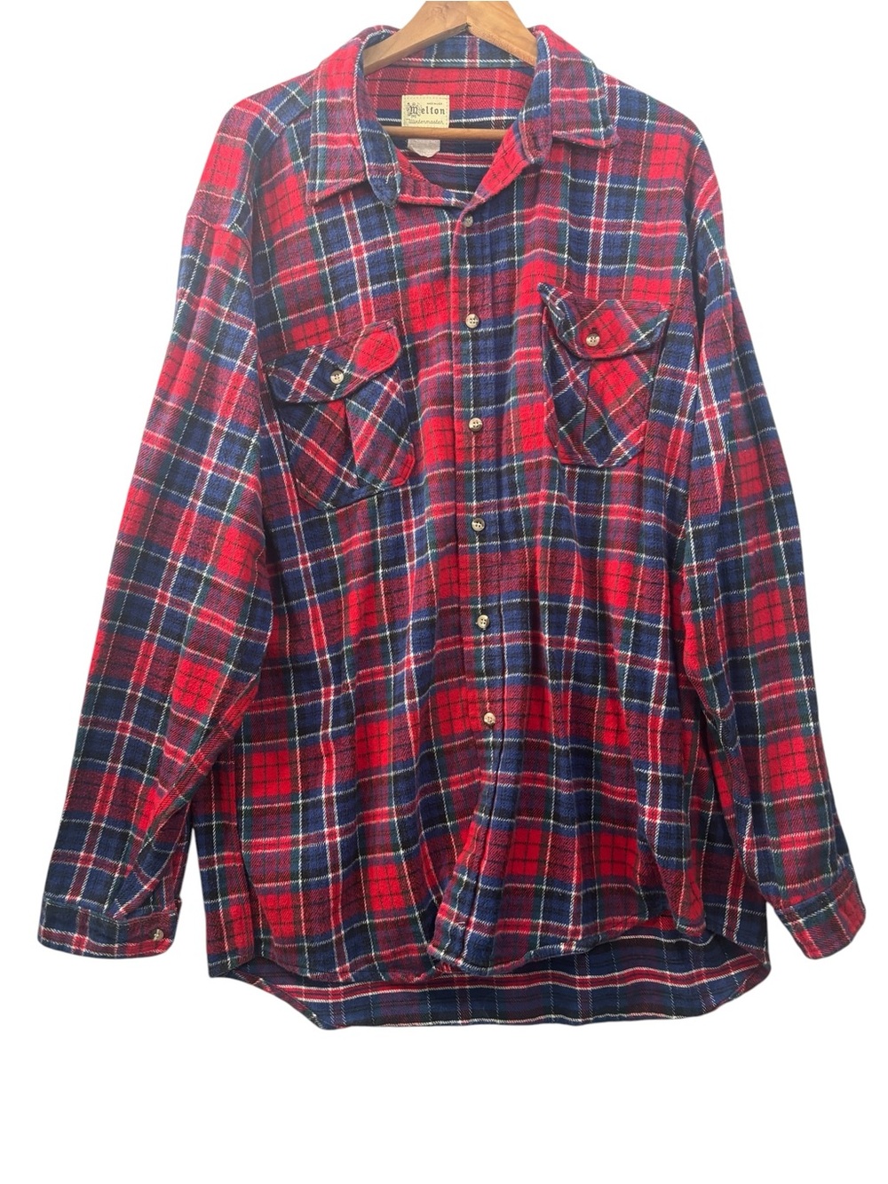 Melton Wintermaster Flannel Shirt Mens 2XL Red Blue Buffalo Plaid Made USA VTG